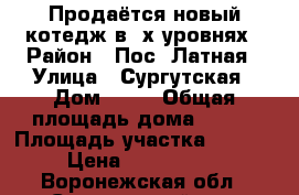 Продаётся новый котедж в 3х уровнях › Район ­ Пос. Латная › Улица ­ Сургутская › Дом ­ 10 › Общая площадь дома ­ 125 › Площадь участка ­ 1 400 › Цена ­ 3 300 000 - Воронежская обл., Семилукский р-н, Латная пгт Недвижимость » Дома, коттеджи, дачи продажа   . Воронежская обл.